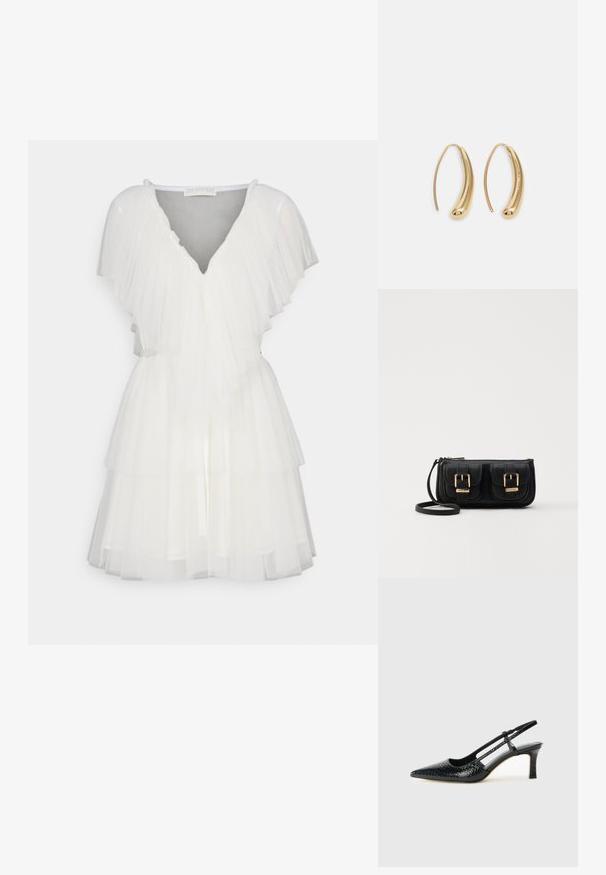 Robe en tulle blanche avec un design à étages, décolleté en V et manches volantées. Détails avec une taille ceinturée pour une silhouette accentuée.; Escarpin slingback en vernis noir avec un bout pointu, présentant un imprimé serpent texturé, une sangle réglable et un petit talon bloc texturé.; Sac en cuir noir porté en travers avec deux poches avant, boucles dorées, fermeture zippée et une sangle fine. Surface texturée et forme rectangulaire compacte.; Boucles d'oreilles en métal doré en forme d'anneau, avec une forme courbée et allongée. Elles présentent une surface lisse et brillante avec une pointe arrondie pour un détail supplémentaire.