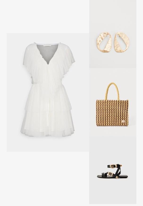 Bijela tila haljina s višeslojnim dizajnom, V-izrezom i lepršavim rukavima. Opremljena remenom u struku za dodatni oblik.; Crne kožne sandale s zlatnim kopčama, s više trakica i ravnim đonom za nošenje s otvorenim prstima.; Tkanirana torba u smeđoj i žutoj boji, s pravokutnim oblikom, dvije ručke i teksturiranom površinom s vidljivim šavovima i oznakom brenda.; Par zlatnih metalnih naušnica nepravilnog ovalnog oblika s teksturiranom, blago kovanom površinom na bijeloj pozadini.