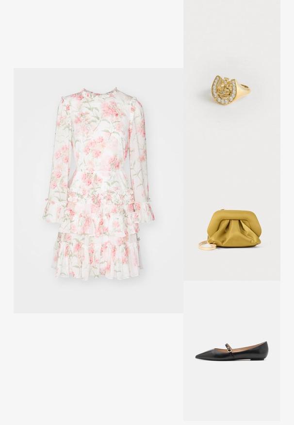Needle & Thread SUMMER POSY ROUND NECK MICRO MINI DRESS 2 IN 1 - Kokteiļkleita/ballīšu kleita - moonshine/coral; Melnas ādas baleta kurpes ar norādīto pirkstu un sānu siksniņu, kurai ir apaļš zelta akcents. Vieglas ar plakanu zoli.; Dzeltens, mīksta tekstūra rokassoma ar strukturētu augšdaļu, savilktu apakšu un platu, noņemamu siksniņu. Augšā ar rāvējslēdzēju.; Zelts gredzens ar kronas dizainu iekšā, kas ietver zirgādas formu, dekorēts ar maziem caurspīdīgiem dārgakmeņiem, uz baltas fona.