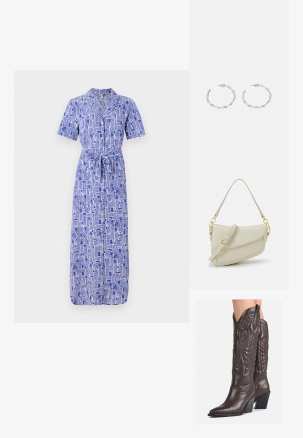 Niebieska sukienka w wzór z krótkimi rękawami, zapinana na guziki z kołnierzykiem i paskiem w talii. Posiada abstrakcyjne, wirujące białe linie na jednolitym niebieskim tle.; Brązowe skórzane kowbojki z noskiem w kształcie migdała i blokowym obcasem, z detalicznym przeszyciem i podniesionymi akcentami na cholewce.; Mała torebka w kolorze kremowym z teksturowanym wykończeniem, długim regulowanym paskiem, akcentem z łańcucha oraz zapięciem na klapkę. Wykończenia w kolorze złotym.; Srebrne kolczyki w kształcie obręczy z skręconym wzorem, z polerowanym wykończeniem i zapięciem na sztyft. Mają średnicę około 3 cm.