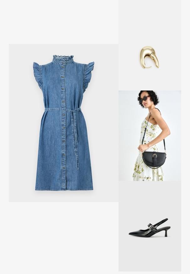 Denimmekko korkealla kauluksella, röyhelöhihnoilla, napitettavalla etuosalla, vyötäröllä vyöllä ja polvimittaisella designilla vaaleansinisessä värissä. Rakenteellinen, rento kangas.; Musta patenttinaahkakengät, joissa on osoittava kärki ja pieni lohko korko, varustettuna hopeisella soljella hihnassa.; Musta nahkainen käsilaukku, joka on kaareva muotoilultaan, irrotettavalla hihnalla ja kultaisilla yksityiskohdilla. Laukussa on läppä, jossa on solk yksityiskohta.; Kultahipuinen korvakoru, jossa on sulavalinjainen, kaareva muotoilu. Ominaisuuksiin kuuluu erottuva terävä muoto, kiillotettu pinta ja sarana kiinnitys.