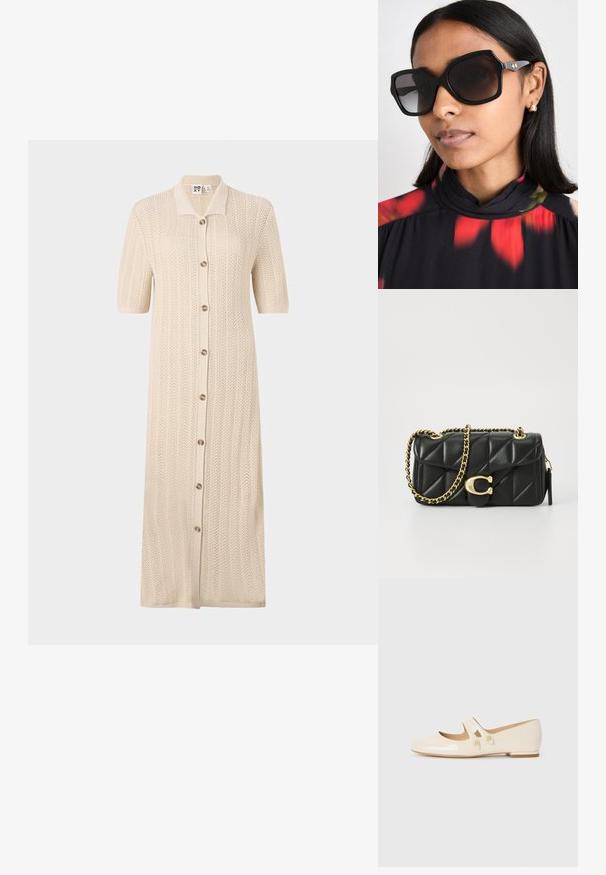 Robe en tricot beige avec un col, des manches courtes et une fermeture à boutons sur le devant. Présente un motif texturé et une coupe longue et décontractée.; Ballerines en cuir verni ivoire avec deux sangles décoratives et boutons dorés, présentant un bout rond et un petit talon carré.; Lunettes de soleil oversize noires avec une monture géométrique, des verres teintés foncés et des accents en métal doré, portées avec un haut à col montant à motif floral.; Sac à main en cuir matelassé noir avec une bandoulière en chaîne dorée et un fermoir à bascule avec un accent circulaire. Forme rectangulaire compacte.
