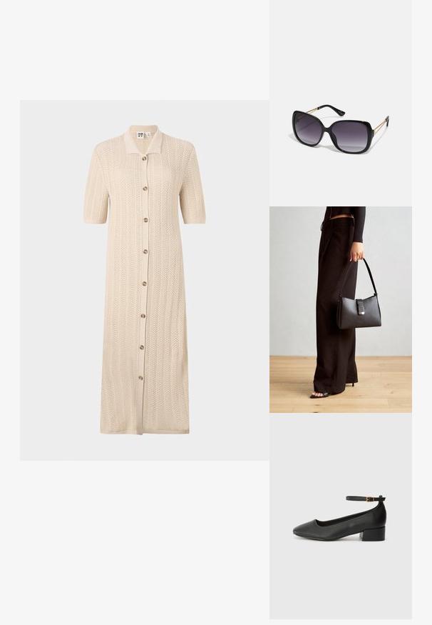 Bezs színű kötött ruha, galléros nyakkal, rövid ujjal és gombos elülső résszel. Texturált mintával rendelkezik és hosszú, laza szabása van.; Fekete bőr magassarkú cipő hegyes orral és alacsony tömb sarkal. Bokapánttal rendelkezik, aranyszínű csattal. Simább textúra.; Fekete, oversize napszemüveg fokozatos árnyalatú lencsékkel, vastag kerettel és arany színű lánc díszítéssel a szárakon.; Fekete kézi táska strukturált formával, sima textúrával és fémből készült záródással. Széles fekete nadrággal és nyitott orrú szandállal párosítva, fából készült padlón.