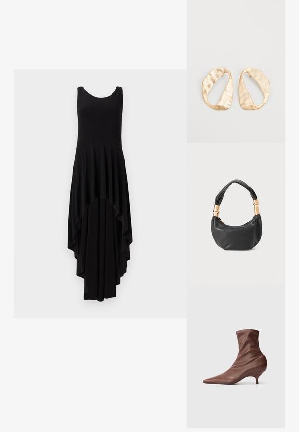 Juoda be rankovių suknelė su apvaliu iškirpimu, turinti kaskadinį asimetrinį apatinį kraštą ir klostuotą tekstūrą visame bodice.; Rudi kauliniai aulinukai su pabrėžtu pirštu, vidutinio aukščio kedro kulnu ir minkšta, lygi odinė viršutinė dalis prieš šviesią fono spalvą.; Juodas odinis rankinukas apvalios formos, minkštos tekstūros su susietu rankena ir auksinės spalvos detalėmis. Užtrauktuko uždarymas.; Nedidelis nereguliarus ovalo formos aukso tono metalinių auskarų pora su tekstūruota, šiek tiek kalta paviršiumi ant balto fono.