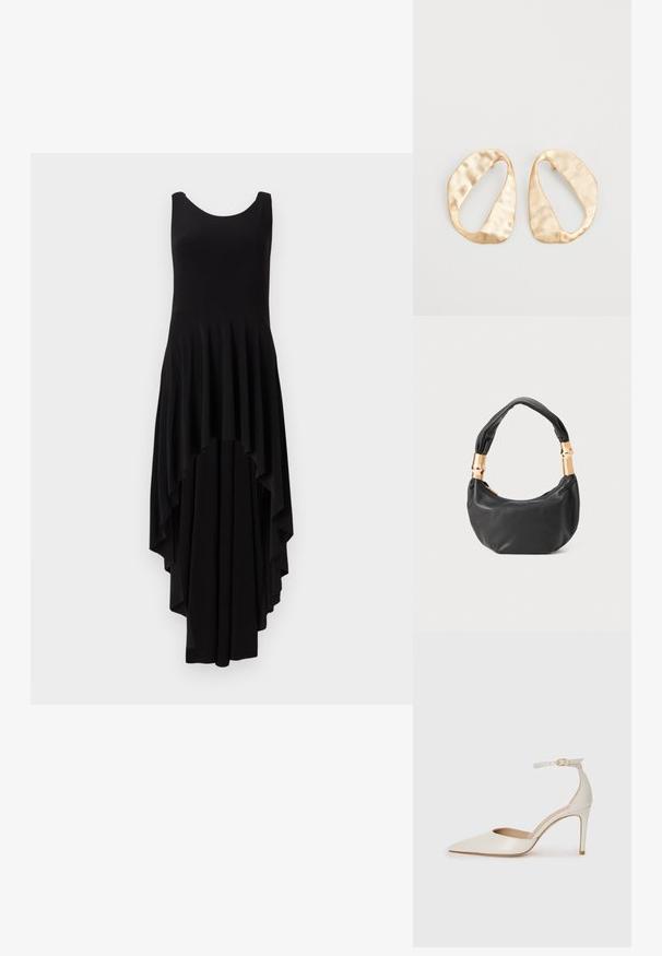 Melnas bezpiešu kleita ar apaļu izgriezumu, kurai ir kaskādes asimetrisks apakšmalu un plektu tekstūra visā augšdaļā.; Baltas ādas augstpapēžu kurpes ar smailu purngala daļu, potītes siksniņu un šauru stiletto papēdi. Gluda tekstūra ar smalku spīdumu.; Melnas ādas rokassoma ar apaļu formu, mīkstu tekstūru un mezgla rokturi, kas rotāts ar zelta tonētiem aksesuāriem. Ar rāvējslēdzēja aizdari.; Pāris neregulāras ovālas formas zelta toņos metāla auskaru ar teksturētu, nedaudz sitētu virsmu uz baltas fona.