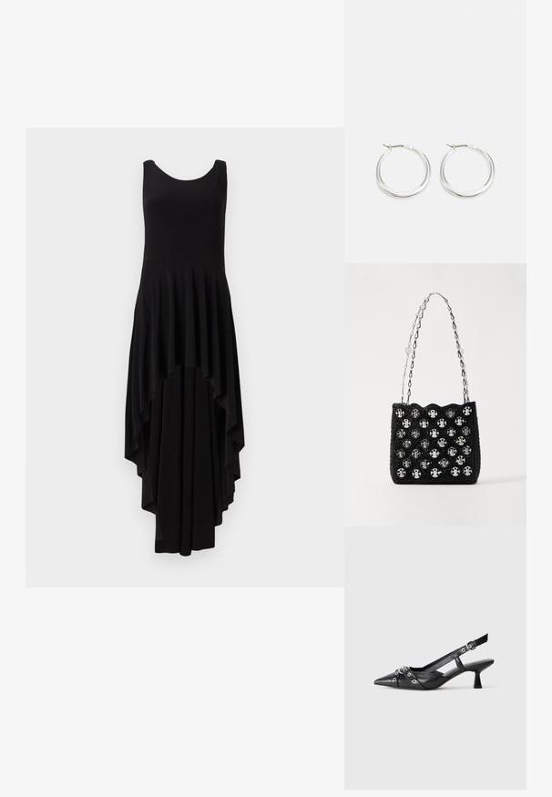 Melnas bezpiešu kleita ar apaļu izgriezumu, kurai ir kaskādes asimetrisks apakšmalu un plektu tekstūra visā augšdaļā.; Melnas ādas šlipsveida kurpes ar norādītu purngalu, dekoratīvām joslām ar metāla acīm un zemu bloku papēdi. Teksturēta virsma.; Rabanne Rokassoma - black/silver; Sudraba riņķa auskariem ir gluda, noapaļota forma ar plānu profilu un drošu aizdari. Minimālistisks stils ar izpolētu apdari.
