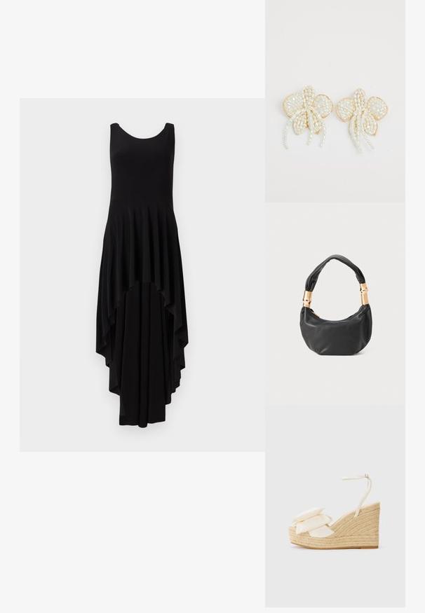 Fekete, ujjatlan ruha lekerekített nyakkivágással, aszimmetrikusan, vízszintesen hullámzó szegéllyel és pliszírozott textúrával a felső részen.; Sarok-emelő szandál természetes juta talppal, krém színű textil felsőrész és két rétegű virágdíszítéssel; vékony bokapánttal és csattal rendelkezik.; Fekete bőr kézitáska kerek formával, puha textúrával és csomózott fogantyúval, aranyszínű fém díszítéssel. Cipzáras záródás.; Gyöngyvirág fülbevalók arany díszítéssel. Minden szirmon apró, kerek gyöngyök találhatók, amelyek virágos mintát alkotnak, és gyöngyös részletekkel vannak díszítve.