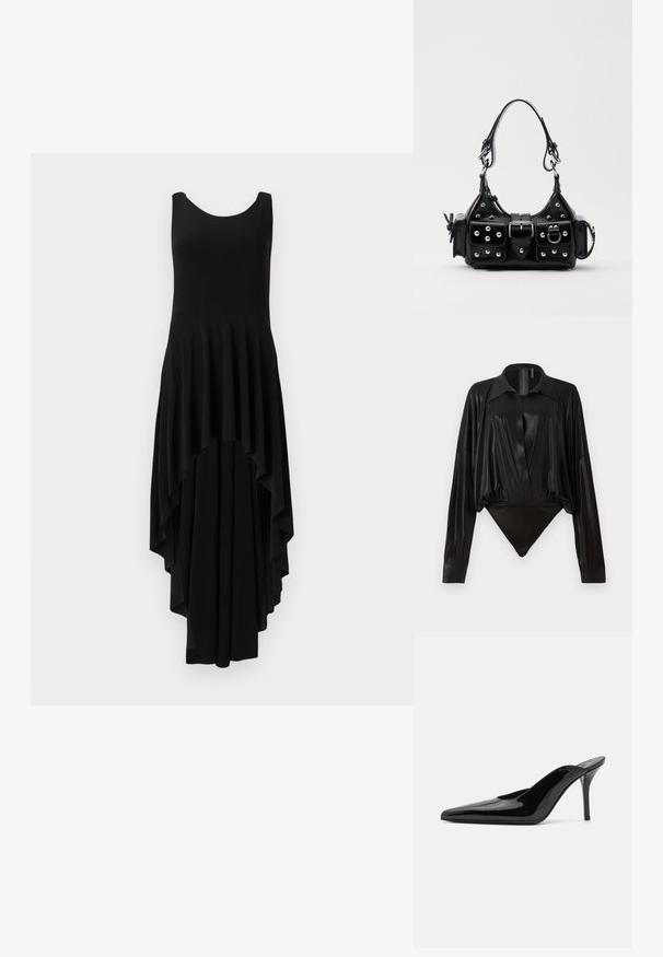 Črna brezrokavnica z okroglim izrezom, ki ima padajoči asimetričen rob in naborke po celotnem bodiju.; Črn bodi z dolgimi rokavi, V-izrezom in prilegajočo silhueto. Narejen iz sijočega, gladkega materiala z oblikovanim ovratnikom in manšetami.; Črne patentirane čevlje s peto, z usko silhueto in koničastim nosom, z odprtim hrbtom in vitko stiletto peto.; Črna usnjena torbica s ukrivljenim dizajnom, ki vsebuje srebrne žebljičke, zaponko in dve stranski žepki. Nastavljiv trak za različne možnosti nošenja.