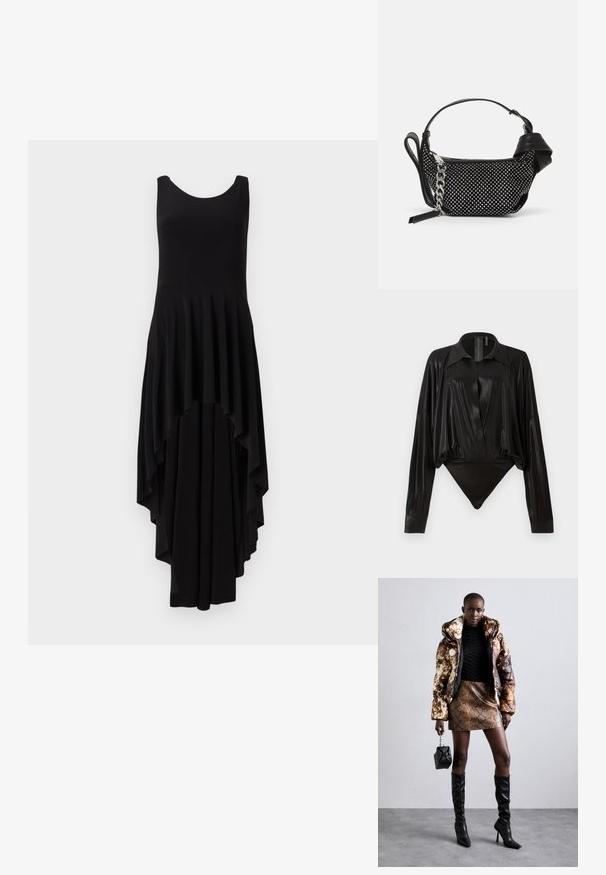Musta hihaton mekko pyöreällä kaula-aukolla, jossa on kaareva epäsymmetrinen helma ja poimuttunut pinta koko vartalon alueella.; Musta catsuit pitkillä hihoilla, V-pääntiellä ja tiukalla siluetilla. Valmistettu kiiltävästä, sileästä kankaasta, jossa on jämäkkä kaulus ja hihansuut.; Puffer-takki ruskealla ja mustalla kuviolla, yhdistettynä ruskeaan käärmeennahkakuosiseksi mini-hameeseen, mustiin polvimittaisiin saappaisiin ja pieneen mustaan laukkuun.; Musta käsilaukku, jossa on teksturoitu muotoilu, koristeltu hopeisilla niiteillä ja tukeva hopeaketjuolkaimella. Omistaa tyylikkään, minimalistisen muodon.