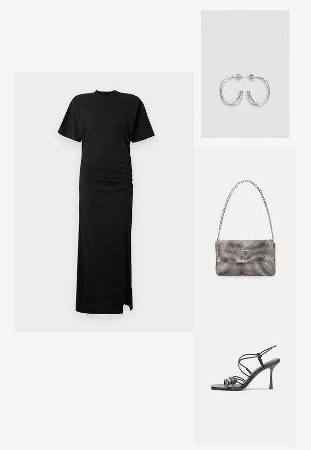 Juoda maksi suknelė, pagaminta iš minkštos medžiagos. Savybės: trumpi rankovės, apvalus iškirpimas, šoniniai raukiniai ir skilimas hemline, pridėtas detalizavimui.; Juodos aukštakulnės sandalai pasižymi plonyčiais dirželiais su mazgo dizainu, lygiu kvadratiniu pirštu ir elegantišku stiletto kulnu.; Šviesiai pilka metalinė rankinė su grandinėlės dirželiu, papuošta mažais apvaliais metaliniais smeigėmis ir trikampiu prekės ženklu.; Sidabrinės auskarai žiedai su lygiu, blizgiu paviršiumi. Suapvalinta forma, lengvas dizainas, su uždarymu ant smeigtuko.