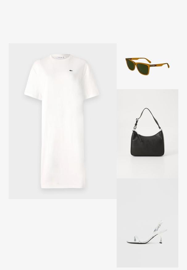 Valge puuvillane t-särk-kleit, millel on ümar kaelus, lühikesed varrukad ja väike roheline logo rinnal. Lihtne, sirge siluett.; Hõbe patendiga nahast slingback kõrgendatud sandaal kitsase varbaga rihmaga, reguleeritava pandla ja saleda kontsaga.; Pruunid läbipaistvad prillid roheliste läätsedega, ristkülikukujuline kuju, kerge nurga all templid ja hõbedase värvusega metallaktsendid käeosadel.; Must musta käekott, millel on kumer kuju, üks rihm, lukuga sulgemine ja peen brändimine esiküljel. Sile tekstuur, minimalistlik disain.