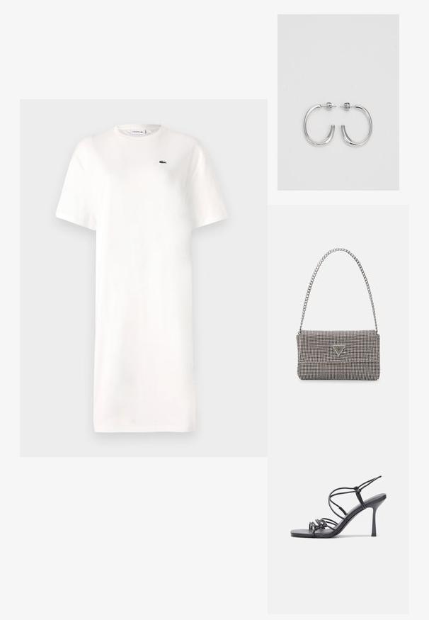 Fehér pamut pólódressz, kerek nyakkivágással, rövid ujjal, a mellrészen egy kis zöld logóval. Egyszerű, egyenes sziluett.; Fekete magas sarkú szandálok vékony pántokkal, csomózott mintával, sima négyzetes orral és karcsú stiletto sarkal rendelkeznek.; Világosszürke fémes kézitáska lánc pánttal, kis kör alakú fém kifinomult díszítéssel és háromszög alakú márkagéppel.; Ezüst karika fülbevalók sima, fényes felülettel. Lekerekített forma, könnyű kialakítással, tűs zárómechanizmussal.