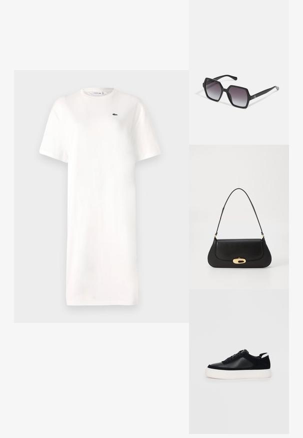 White t-shirt dress made of cotton, featuring a crew neck, short sleeves, and a small green logo on the chest. Simple, straight silhouette.; Black sneaker with smooth leather and suede panels, flat laces, rounded toe, and a white rubber sole. Distinct logo on the heel.; Black hexagonal sunglasses with gradient lenses, featuring a glossy finish and subtle branding on the temple. Durable plastic construction.; Black leather handbag with a curved design, gold-tone hardware, and a top handle. Features a sleek closure and smooth texture.