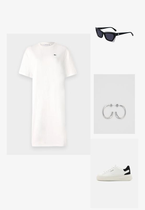 Biała sukienka T-shirtowa wykonana z bawełny, z okrągłym dekoltem, krótkimi rękawami i małym zielonym logo na piersi. Prosta, prosta sylwetka.; Białe skórzane sneakersy z grubą białą podeszwą, czarnym zamszowym akcentem na pięcie oraz wytłoczonym logotypem z boku. Projekt z sznurówkami i sześcioma dziurkami.; Czarne, oversize okulary przeciwsłoneczne o geometrycznym kształcie, z ciemnymi soczewkami i kontrastującym szarym detalem na oprawie. Logo na ramieniu.; Srebrne kolczyki na biglu o gładkim, błyszczącym wykończeniu. O zaokrąglonym kształcie, lekkim designie, z zamknięciem na zatrzask.