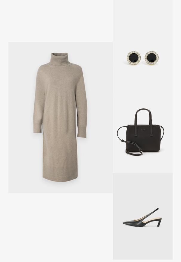 GANT DETAIL ROLLNECK DRESS - Pletené šaty - warm grey; Černý špičatý slingback s nízkým podpatkem, vyrobený z hladké kůže, s výřezem na boku pro lepší prodyšnost.; Černá kabelka s dvojitými krátkými uchy a odnímatelným ramenním popruhem. Hladký koženkový materiál s uzávěrem na zip a detailem loga.; DKNY INLAY STUD - Náušnice - black/gold-coloured