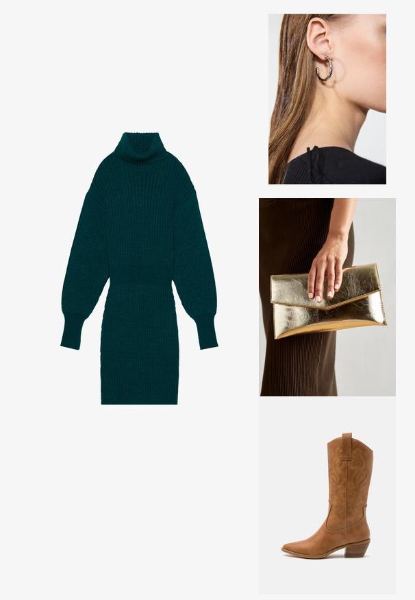 Teal rebrasti pleten kroj s visokim ovratnikom in balonastimi rokavi. Ima oprijet pas in teksturirano tkanino za dodano dimenzijo.; Rjavi usnjeni kauboj čevlji s koničastim nosom, vezenimi vijugastimi vzorci na zgornjem delu in zloženim kvadratnim peto. Imajo zanko za enostavno obuvanje.; Zlatna metalna torbica s glatko teksturo, ki ima trikotno zapiranje. Roka, ki jo drži, ima lepo urejene nohte.; Srebrna obročasta uhana s polirano površino, ki vključuje majhne zlate poudarke in okroglo obliko, nošena na ušesnem lobu.