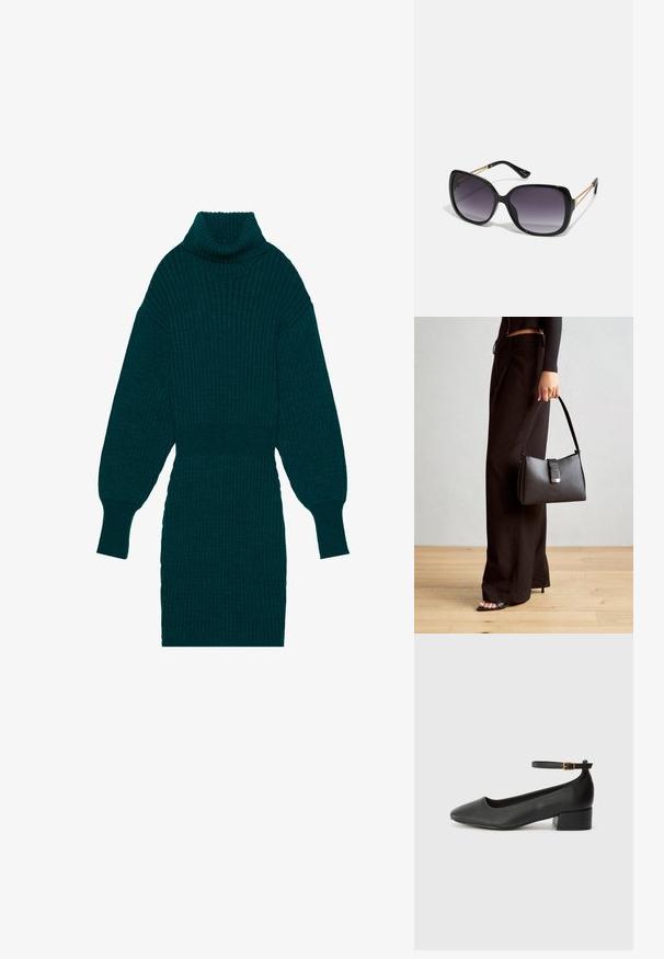 Zilgreenā ribota adīšanas kleita ar augstu turtleneck un balona piedurknēm. Tā piedāvā pieguļošu jostasvietu un teksturētu audumu, kas piešķir papildu dimensiju.; Melnas ādas sūkņi ar smailu purngalu un zemu bloku papēdi. Iezīmēts ar potītes siksniņu ar zelta krāsas sprādzi. Gluda tekstūra.; Melni pārmērīgi lieli saulesbrilles ar gradāciju lēcām, biezām rāmja malām un zeltainas krāsas ķēžu detaļām uz tempļiem.; Melnā somiņa ar strukturētu formu, gludu tekstūru un metālu sprādzi. Saskaņota ar platām melnām biksēm un sandālēm ar atvērtu purngalu uz koka grīdas.