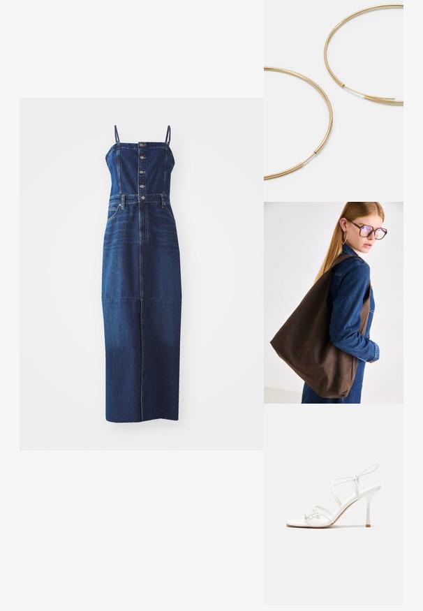 Džinsinė suknelė su prigludusia kūno dalimi ir platėjančia sijonu. Savybės: reguliuojamos petnešos, sagų priekyje ir priekinės kišenės. Tamsiai mėlyna spalva.; Baltas dirželis su aukštu kulnu sandalai su plokščiu pirštu, tekstūruota priekinė dalis su susiraukšlėjimais ir plonas kulkšnies dirželis.; Ruda odinės rankinės su švelnia tekstūra, pasižyminčios erdviu dizainu ir viena juosta. Nešiojama su mėlynu džinsiniu švarku.; Aukso spalvos žiedo auskarai, ploni ir apvalūs, su lygiu metaliniu paviršiumi be papuošimų ar raštų.