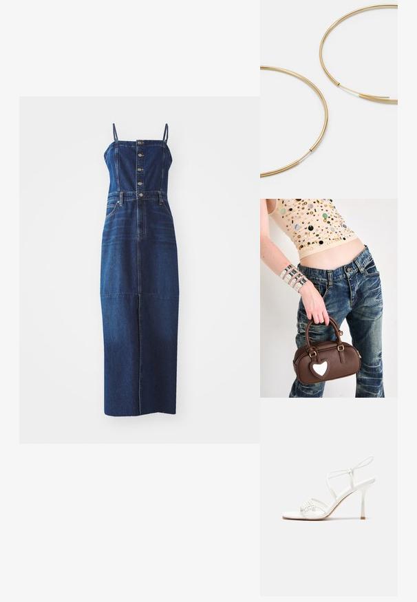 Denim kleita ar pielāgotu augšdaļu un izplūdušu svārku. Iespējas: regulējamas siksnas, pogu aizdare un priekšējās kabatas. Tumši zila krāsa.; Baltas striķu augstpapēžu sandales ar plakanu pirkstu daļu, teksturētu priekšpusi ar saveltiem akcentiem un šauru potītes siksniņu.; Brahmas brūna ādas rokassoma ar sirds formas akcentu, noapaļota forma, zelta aparatūra, ko tur rokā; apvienota ar nodilušām džinsu biksēm un krellēm rotātu kreklu.; Zelta krāsas auskari gredzena formā, plāni un apaļi, ar gludu metāla apdari un bez rotājumiem vai zīmējumiem.