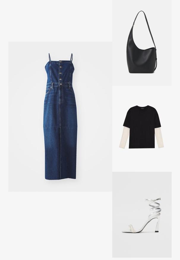 Farmernadrág anyagú ruha testhez álló fazonnal és bő szoknyával. Állítható pántokkal, gombos elülső résszel és elülső zsebekkel rendelkezik. Sötétkék színben.; Fekete pamut póló, rövid ujjal, fehér hosszú ujjú réteg fölött, finom textúrával. Kerek nyakkivágású dizájn.; Ezüst színű, magas sarkú szandál, csillogó pánt dizájnnal, gyöngyszerű díszítéssel és spirális bokapánttal a biztos illeszkedés érdekében.; Fekete bőr hobo táska sima textúrával, ívelt formával és egyetlen állítható pánttal; széles nyílás található a tetején.