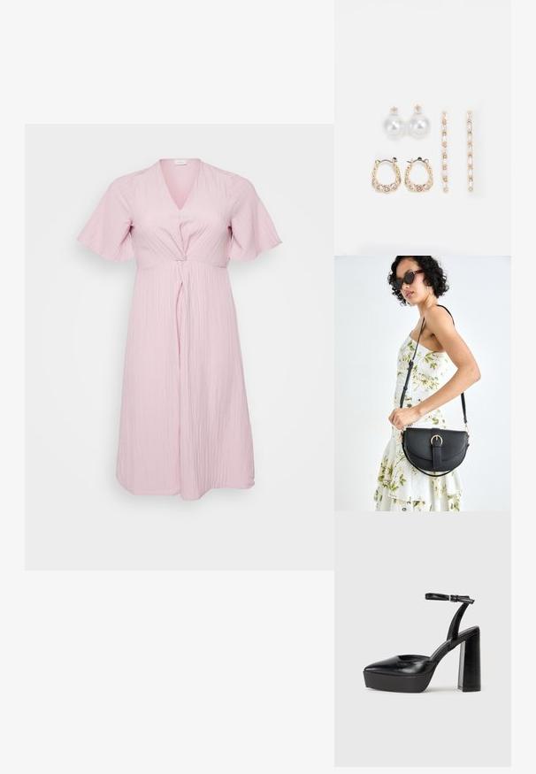 Svijetlo ružičasta haljina s V-izrezom, lepršavim rukavima i uvijenim prednjim detaljem. Izrađena od teksturirane tkanine, doseže do sredine listova.; Crne platforme s potpeticom s oštrim vrhom i podešivom naramenicom. Izrađene od glatke kože, s masivnom blok petom.; Crna kožna torba s lukovitim oblikom, odvojivim remenom i zlatnim detaljima. Torba ima preklop s kopčom.; Tri para naušnica: velike bijele biserne naušnice, zlatne kružne naušnice s prozirnim draguljima i dva duga, ravna zlatna naglasna naušnica s sjajnim detaljima.