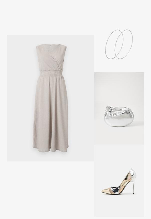 Bež haljina do koljena s dizajnom omotavanja, kratkim rukavima i naboranim pojasom. Napravljena je od teksturiranog materijala s suptilnim uzorkom.; Cipele s visokom potpeticom i špicastim vrhom u srebrnoj, zlatnoj i nude boji. Sjajan finiš s izrezbarenim dizajnom, s potpeticom u obliku stiletto.; Srebrna metalik torbica s mekim, zaobljenim oblikom i čvorastim zatvaranjem na vrhu. Izrađena od glatke sintetičke kože.; Srebrne okrugle naušnice s minimalističkim dizajnom. Kružni oblik, glatka tekstura i tanak profil. Lagane s poliranim završetkom.