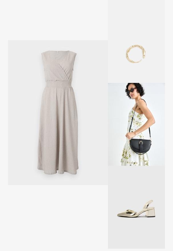 Beżowa sukienka do kolan o kroju kopertowym, z krótkimi rękawami i marszczonym paskiem w talii. Wykonana z teksturowanej tkaniny z subtelnym wzorem.; Złote, metaliczne szpilki z boku z wydłużonym noskiem i grubym obcasem. Gładka faktura, minimalistyczny design i wąski pasek.; Czarna skórzana torebka o zakrzywionym kształcie, z odpinanym paskiem i złotymi akcentami. Torebka posiada klapę z zapięciem w kształcie klamry.; Pierścionek w odcieniu złota z organicznym, skręconym wzorem, o gładkiej fakturze i zwężających się końcach, tworzący nowoczesny, rzeźbiarski wygląd.