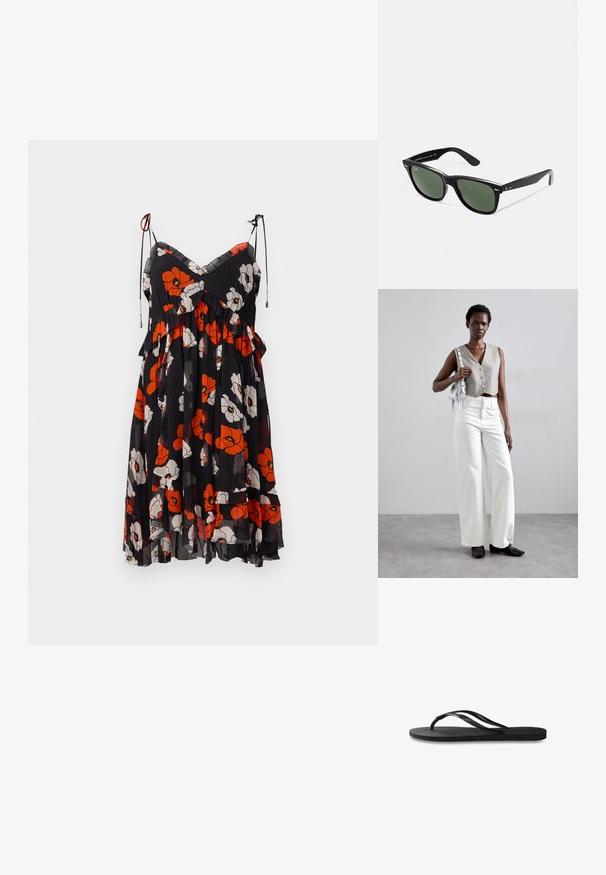Cvečasta obleka z črnim ozadjem in rdečimi ter belimi makovimi vzorci, z naborkom na dnu in nastavljivimi naramnicami. Lahkoten, prosojen material.; Črne natikače z teksturirano gumijasto podlogo, dvema ozkima trakoma in subtilnim, vtisnjenim logom na traku.; Črne plastične sončna očala z zelenimi lečami, kvadratni okvirji, srebrni detajl na obrvi in teksturirani ročaji. Blagovna znamka navedena na notranji strani ročaja.; Siv prirezani telovnik z gumbi, v kombinaciji z belimi širokimi kavbojkami in črnimi ravnimi čevlji. Opremljen z majhno srebrno torbico z resicami.