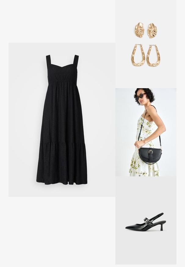 Crna, bez rukava midi haljina sa kvadratnim izrezom, teksturirana tkanina s uzorcima ušica i višeslojni volanasti rub.; Crne lakirane slingback potpetice s oštrim prstom i malom blok petom, s naglaskom na srebrnoj kopči na remenu.; Crna kožna torba s lukovitim oblikom, odvojivim remenom i zlatnim detaljima. Torba ima preklop s kopčom.; Naušnice zlatne boje s teksturiranim, valovitim oblicima. Uključuju skulpturalne kopče i dizajn otvorene kružnice s kovanom završnom obradom.