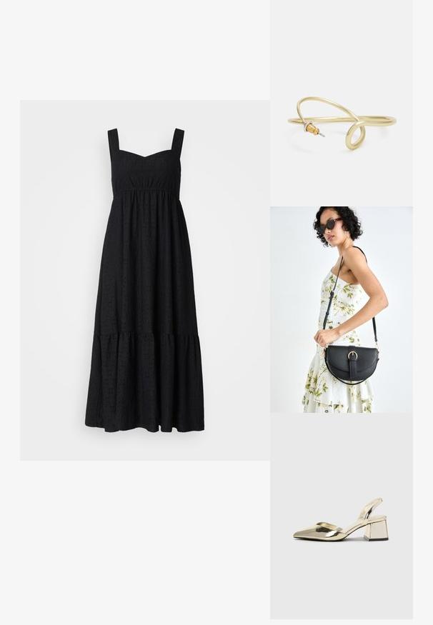 Melnas, bezpiedurkņu midi kleitas ar kvadrātveida kakla izgriezumu, teksturēta auduma ar acs rakstiem un pakāpenisku volānu apakšmalu.; Zeltaini, metāla kurpes ar siksniņām, norakans purngalis un masīla papēdis. Gluda tekstūra, minimālisma dizains un šaura siksna.; Melnas ādas rokassoma ar izliekta formu, noņemamu siksnu un zelta aksesuāriem. Somai ir vāciņš ar sprādzes detaļu.; Zelta krāsas metāla aproce ar šķidrām, viļņveidīgām formām. Vienā galā ir neliels, izteikts sudraba krāsas akcents.