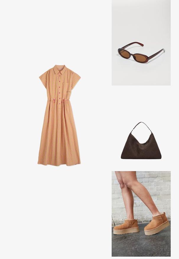 Žuta i ružičasta karirana haljina s kratkim rukavima, dugme sprijeda i nabranim strukom; sadrži džep na prsima i detalje s vezicom.; Smeđi antilop čizmi do gležnja s mekanim postavljanjem, debljim bež platformski potplat i stražnjim povlačnim trakama. Teksturirana površina s vidljivim šavovima.; Okvir okruglih, smeđkastih sunčanih naočala s sjajnim burgundskim okvirom. Uski nositelji s suptilnim brendiranjem. Ravna leća.; Smeškan smeđi kožni torbica u obliku trokuta. Ima pletenu ručku i patentni zatvarač na vrhu.