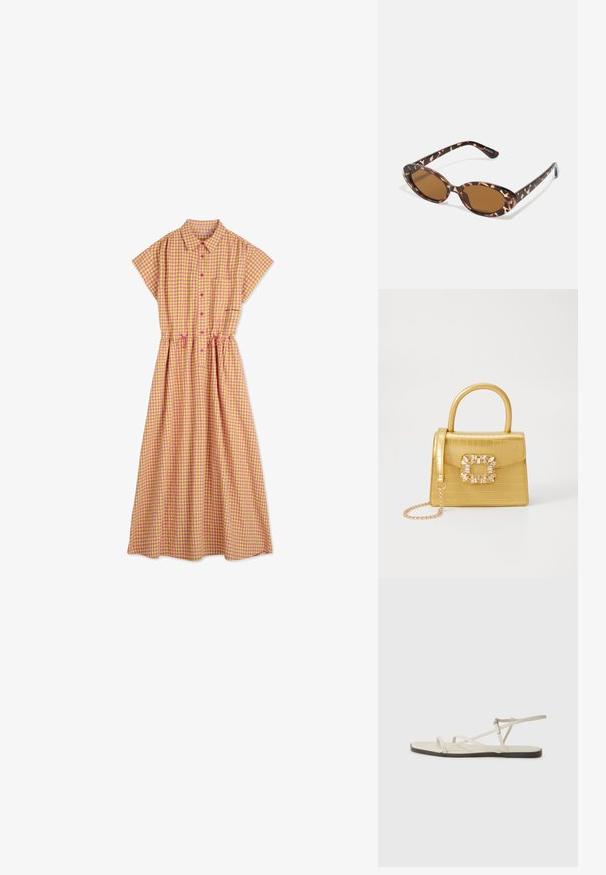 Gul og lyserød ternet kjole med korte ærmer, for-trykningsknapper og rynket talje; har en brystlomme og snoretræk detaljer.; Beige flad sandal med flere slanke stropper og en justerbar spænde. Sålen er flad med en let mørkere kontrast ved kanten.; Skildpaddemønstrede solbriller med ovale linser, brunt farvetone, tynde stænger med et struktureret mønster, letvægts plastisk ramme.; Gul faux-krokodille skuldertaske med struktureret design, top-håndtag, aftagelig kædetraske og dekorativ krystaldekoration på låsen.