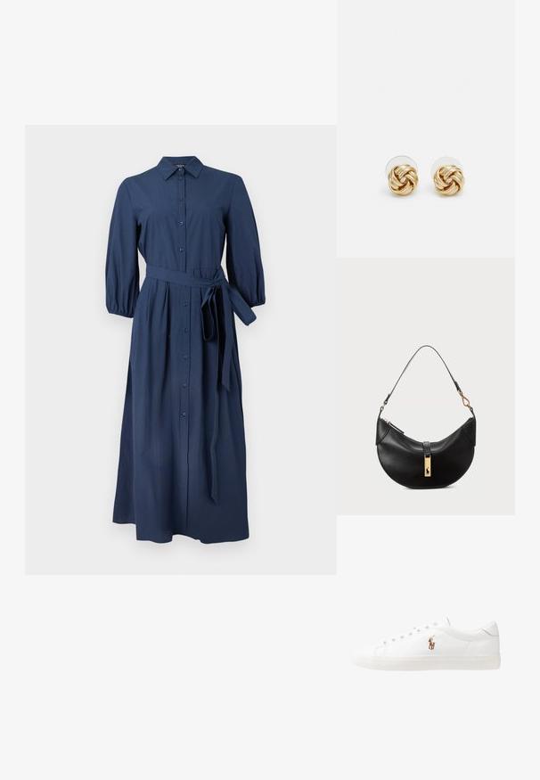 WEEKEND MaxMara KENTIA - Abito a camicia - navy; Sneakers in pelle bianca, design low-top, caratterizzati da una texture liscia, punta rotonda, chiusura con lacci e un piccolo logo ricamato sul lato.; Borsa a tracolla nera in pelle a forma di mezzaluna. Presenta un accento in metallo dorato e una tracolla sottile. Tessuto liscio, chiusura a cerniera nella parte superiore.; Orecchini a perno in tono oro con design intrecciato. Ogni orecchino presenta uno sfondo circolare trasparente per una vestibilità sicura.