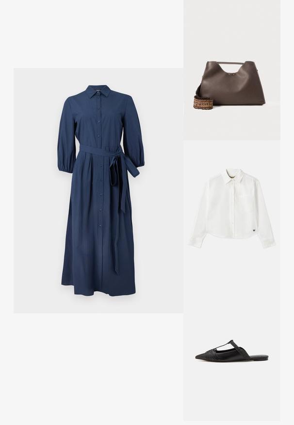 WEEKEND MaxMara KENTIA - Blusenkleid - navy; Weißes, kurzes Langarmhemd aus Baumwolle. Verfügt über eine durchgehende Knopfleiste, eine Brusttasche und ein kleines schwarzes Logo unten links.; Schwarzer Leder-Slingback-Schuh mit spitzem Zehenbereich, ausgestattet mit einem geflochtenen Akzent und einem gefalteten Oberdesign. Flache Sohle mit minimalem Zubehör.; Braune Lederhandtasche mit strukturiertem Finish, kantigem Design und einem markanten oberen Griff. Verfügt über ein gemustertes, geflochtenes Riemendetail.