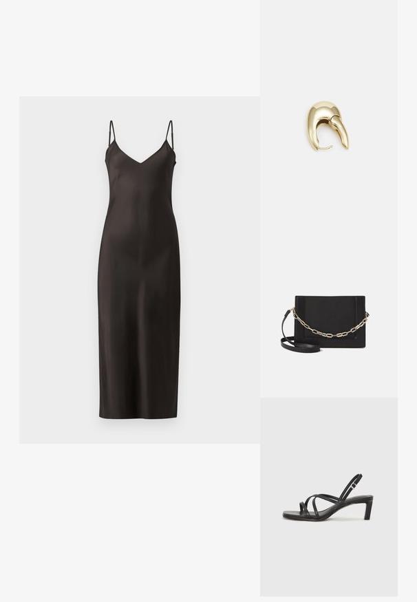 Sort satin slipkjole med tynne justerbare stropper, V-hals og rett, gulvlengde silhuett. Glatt tekstur og minimalistisk design.; Sorte sandaler med stropper, firkantet tå og lav blokk hæl. Har flere tynne stropper og en justerbar ankelstropp. Laget av glatt lær.; Svart lær crossbody-veske med glatt tekstur, rektangulær form og metallkjede detaljer på framsiden. Justerbar stroppe inkludert.; Gullfarget metalløredobber med et elegant, buet design. Har en karakteristisk spiss form, polert overflate og hengsel-lukking.