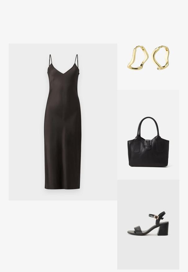 Sort satin natkjole med tynde justerbare stropper, V-udskæring og en lige, gulvlang silhuet. Glat tekstur og minimalistisk design.; Sorte læderhælede sandaler med en bred rem over tæerne og en spændeaccent på ankelremmen. Kraftig rektangulær hæl.; Sort læder tote taske med glat tekstur, struktureret form, to håndtag og en fremtrædende sølvspænde detalje på forsiden.; Guld hoops øreringe med et flydende, bølge-lignende design. Glat tekstur, åben form og ingen synlige lukninger. Minimalistisk og moderne udseende.