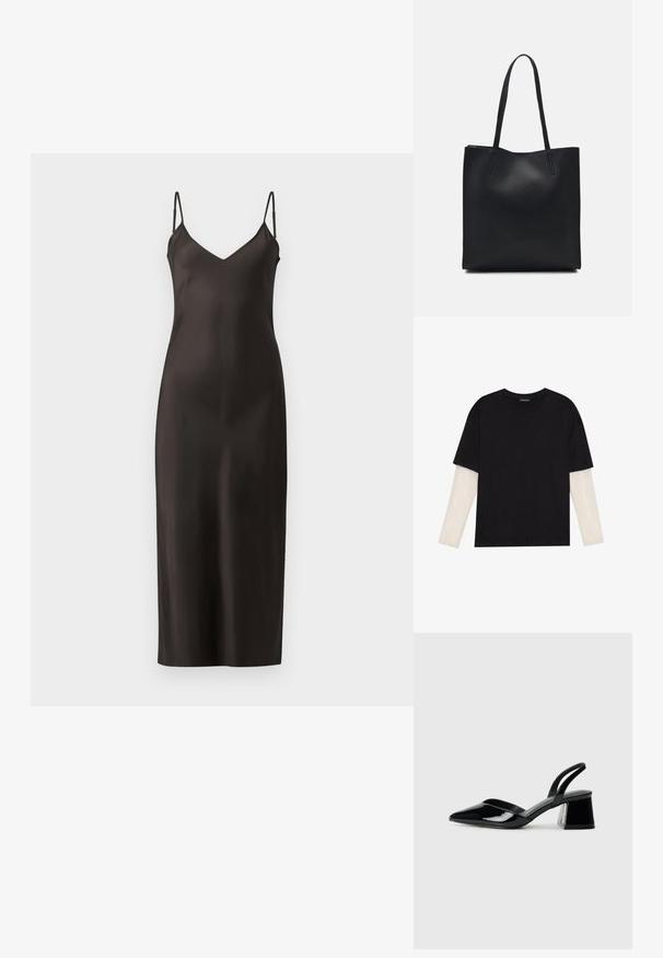 Črna satenasta obleka na naramnice z nastavljivimi trakovi, V-izrezom in ravno silhueto do tal. Gladka tekstura in minimalističen dizajn.; Črna majica iz bombaža s kratkimi rokavi, ki pokriva belo dolgi rokav z subtilnim teksturiranim vzorcem. Oblika izrezanega vratu.; Črne lakirane slingback pete s koničastim nosom in geometrijsko blokasto peto. Imajo eleganten, minimalističen dizajn in gladko teksturo.; Črna usnjena torba s svilnato teksturo, pravokotne oblike in dvema dolgima ročajema. Brez vidnih metalnih delov ali okrasnih elementov.