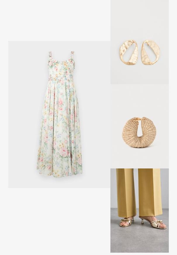 Květinové maxi šaty se smockovaným korpusem, volánkovými ramínky a pastelovými růžovými a modrými květinovými vzory na světlém pozadí.; Stuart Weitzman FELICITY BOW SLIDE - Pantofle na podpatku - platino; Cult Gaia UBAH - Psaníčko - wheat; Pár nepravidelných oválných náušnic z kovu pozlaceného zlatem s texturovaným, mírně kladivkovým povrchem na bílém pozadí.