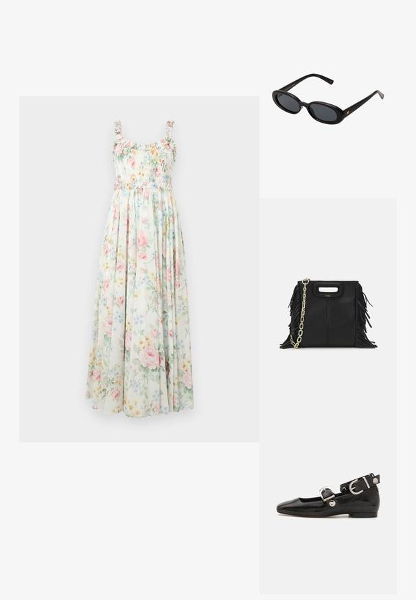Maxikleid mit floralem Muster, einem gerafften Oberteil, gerafften Trägern und einem pastellfarbenen Rosé- und blauen Blumenmuster auf einem hellen Hintergrund.; Schwarze Lackleder-Ballerina mit eckiger Zehenpartie, Knöchelriemen mit silberner Hardware und flacher Sohle. Glatte Textur mit minimalistischen Design.; Schwarze, oversized Sonnenbrillen mit ovalen Gläsern, glattem Kunststoffrahmen und goldenen Akzenten an den Bügeln. Die dunklen Gläser bieten Sonnenschutz.; Schwarze Lederhandtasche mit Fransen-Details, goldener Ketten-Schulterriemen und einem ausgeschnittenen Griff. Mit Logoplatzierung auf der Vorderseite.