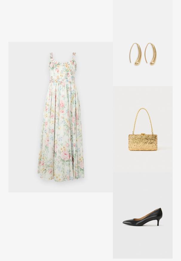 Kvetinové maxi šaty so smockovaným živôtikom, volánovými ramienkami a pastelovými vzormi ruží a modrých kvetov na svetlom pozadí.; Čierny kožený podpatek s špicatou špičkou, nízkym opätkom a hladkým povrchom. Obsahuje mierne otvorenie vpredu a minimálne kovové detaily na zadnej strane.; Zlatá flitrová listová taška s obdĺžnikovým tvarom, vybavená skrúteným reťazovým držadlom a kovovým uzatváraním, odrážajúca svetlo s textúrovaným povrchom.; Náušnice vo forme zlatých kovových kruhov s zakriveným, predĺženým tvarom. Majú hladký, lesklý povrch a zaoblený koniec pre pridanie detailu.