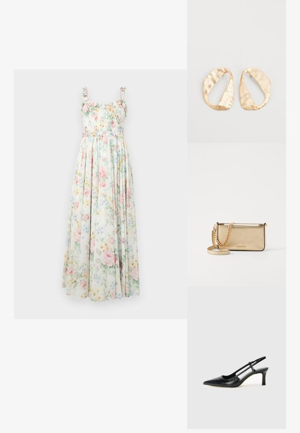 Ziedu maksi kleita ar iešūtām krūtīm, frillētām plecu siksnām un pasteļtoņu rozā un zilām ziedu rakstiem uz gaiša fona.; Melna patent āda ar slīdošo papēdi un smailo purngalu, ar teksturētu čūsku drukājumu, regulējamu siksniņu un īsu teksturētu blokpapēdi.; Metālisks zelta ādas klipsis ar teksturētu apdari, ar zelta ķēdes siksniņu un noņemamu pleca siksniņu. Zīmola logo iepresēts.; Pāris neregulāras ovālas formas zelta toņos metāla auskaru ar teksturētu, nedaudz sitētu virsmu uz baltas fona.