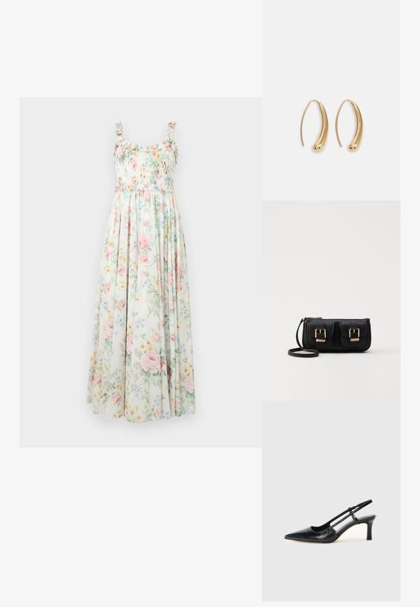 Robe maxi florale avec un corsage smocké, des bretelles à volants et des motifs de fleurs roses et bleues pastel sur un fond clair.; Escarpin slingback en vernis noir avec un bout pointu, présentant un imprimé serpent texturé, une sangle réglable et un petit talon bloc texturé.; Sac en cuir noir porté en travers avec deux poches avant, boucles dorées, fermeture zippée et une sangle fine. Surface texturée et forme rectangulaire compacte.; Boucles d'oreilles en métal doré en forme d'anneau, avec une forme courbée et allongée. Elles présentent une surface lisse et brillante avec une pointe arrondie pour un détail supplémentaire.