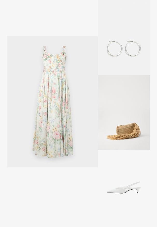 Robe maxi florale avec un corsage smocké, des bretelles à volants et des motifs de fleurs roses et bleues pastel sur un fond clair.; Escarpin blanc à brides arrière avec un bout pointu, présentant un dessus lisse, des découpes discrètes et un petit talon bloc. La semelle noire met en valeur le design.; Cult Gaia VIERA - Pochette - natural; Cult Gaia VIERA - Pochette - natural; Cult Gaia VIERA - Pochette - natural; Les boucles d'oreilles en argent en forme de créole présentent un design lisse et arrondi avec un profil fin et un fermoir sécurisé. Style minimaliste avec une finition polie.