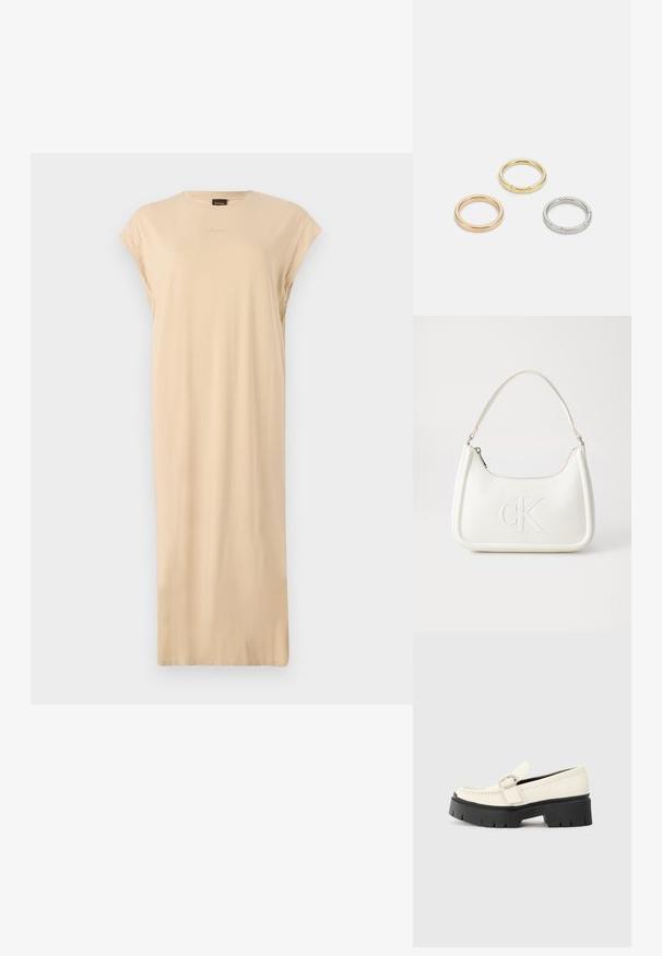 Bēša, ceļa garuma kleita, izgatavota no mīksta kokvilnas auduma. Ar apaļu kakla izgriezumu un īsām piedurknēm. Vienkāršs, neizpušķots dizains bez rakstiem.; Baltā ādas loafera ar masīvu melnu platformu, ar taisnstūra sudraba sprādzi un redzamām šuvām augšējā daļā.; Balta ādas rokassoma ar noapaļotu formu, uz kuras priekšpuses ir izgriezts "CK" logo un viena plecu siksna. Augšā aizverama ar rāvējslēdzēju.; Trīs metāla gredzeni: viens rozā zeltā, viens zeltā ar teksturētiem akcentiem un viens sudraba, visiem ar iegravētām zīmola atzīmēm iekšējā joslā.