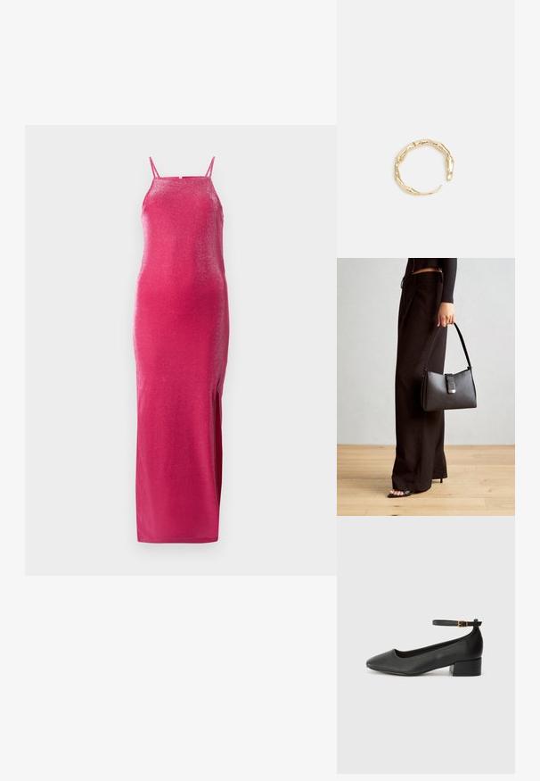 Tvarovaná dlhá šaty z lesklého ružového materiálu s tenkými ramienkami a bočným rozparkom. Textúra odráža svetlo, čím vytvára trblietavý efekt.; Čierne kožené lodičky s špicatou špičkou a nízkym blokovým podpätkom. Obsahuje remienok okolo členka so zlatým prackou. Hladký povrch.; Čierna kabelka so štruktúrovaným tvarom, hladkou textúrou a kovovou sponou. V kombinácii so širokými čiernymi nohavicami a sandálmi s otvorenou špičkou na drevenej podlahe.; Prsteň v zlatej farbe s organickým, skrúteným dizajnom, hladkým povrchom a zužujúcimi sa koncami, vytvárajúci moderný, sochársky vzhľad.