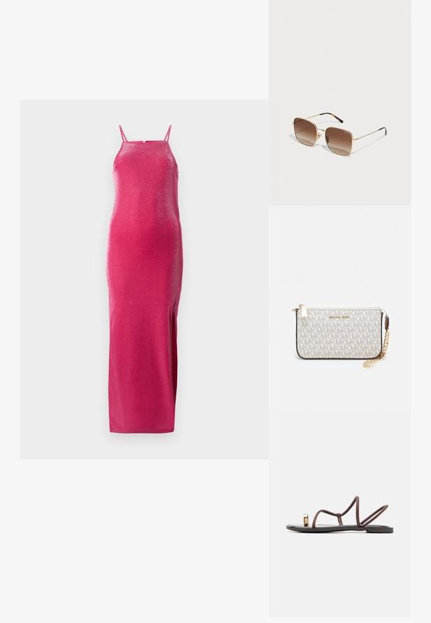 Fegyveres, hosszú, fényes rózsaszín anyagból készült ruha, spagetti pántokkal és oldalsó hasítékkal. A textúra visszaveri a fényt, csillogó hatást adva.; Barna lapos szandálok, amelyek több vékony pánttal, lábujjhurkkal és aranyszínű díszítéssel rendelkeznek. A talp lapos és sima felületű.; Aranyszínű fém napszemüveg négyzet alakú kerettel, barna fokozatos lencsékkel és teknősbéchéjú részletekkel a szárakon. Könnyű kivitel.; Michael Kors bézs bevonatos vászon karkötő, amely ismétlődő MK logó mintával, aranyszínű fémrészletekkel és levehető lánchordóval rendelkezik.