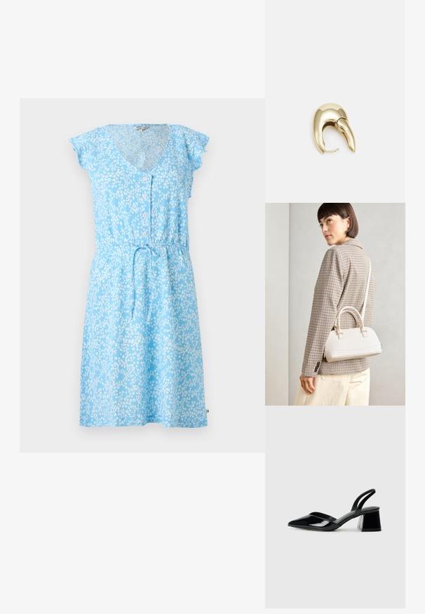 Svijetlop Plava haljina s kratkim lepršavim rukavima, V-izrezom, zatvaranjem na gumbe, elastičnim strukom s vezicom i bijelim cvjetnim uzorkom kroz cijelu haljinu.; Crne lakirane kožne sandale s otvorenom petom i špicastim vrhom, s geometrijskom blok petom. Imaju elegantan, minimalistički dizajn i glatku teksturu.; Bijela strukturna torba s kratkim ručkama i remenom za rame, s zlatnim metalnim detaljima i teksturiranim materijalom, prikazana na sivoj pozadini.; Zlatne metalne naušnice s elegantnim, zakrivljenim dizajnom. Imaju karakterističan šiljast oblik, poliranu površinu i zatvaranje na šarku.