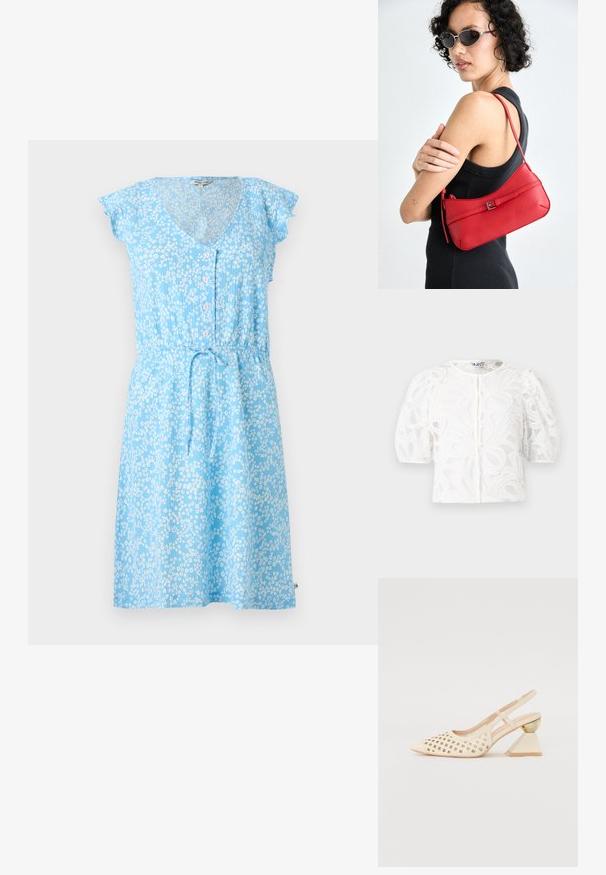 Šviesiai mėlyna suknelė su trumpomis plazdančiomis rankovėmis, V formos iškirpte, mygtukų užsegimu, elastine juosmens dalimi su raišteliu ir balta gėlių ornamentika.; Balta nėriniuota blausda su apvaliu kaklu, pūstomis trumpomis rankovėmis ir gėlių raštu. Yra mygtukų užsegimas ir pralaidus audinys.; Bežinės slingback bateliai su perforuotu viršumi, smailiu nosiu ir kontrastinga trikampio formos pakulne, papuošta aukso akcentu. Apskritai sklandus paviršius.; Raudona odinė petinė rankinė su lygia tekstūra, išlenktu dizainu ir dekoratyvine sagtimi. Reguliuojama petneša ir užtrauktukas.