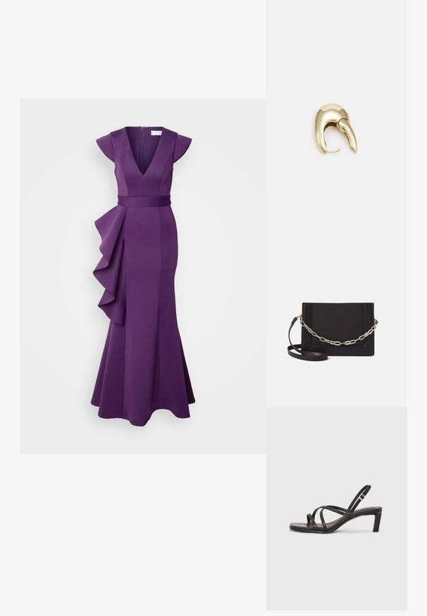 Ljubičasta večernja haljina s dubokim V-izrezom, kratkim kap sleeves i naboranom bočnom akcentom. Izrađena od glatkog, prilagođenog materijala, koji se širi na rubu.; Crne sandale s trakama, kvadratnim prstom i niskom blok petom. Ima više tankih trakica i podesivu trakicu oko gležnja. Izrađene su od glatke kože.; Crna kožna torba preko tijela s glatkom teksturom, pravokutnim oblikom i metalnim lancem na prednjoj strani. Uključena je podesiva naramenica.; Zlatne metalne naušnice s elegantnim, zakrivljenim dizajnom. Imaju karakterističan šiljast oblik, poliranu površinu i zatvaranje na šarku.