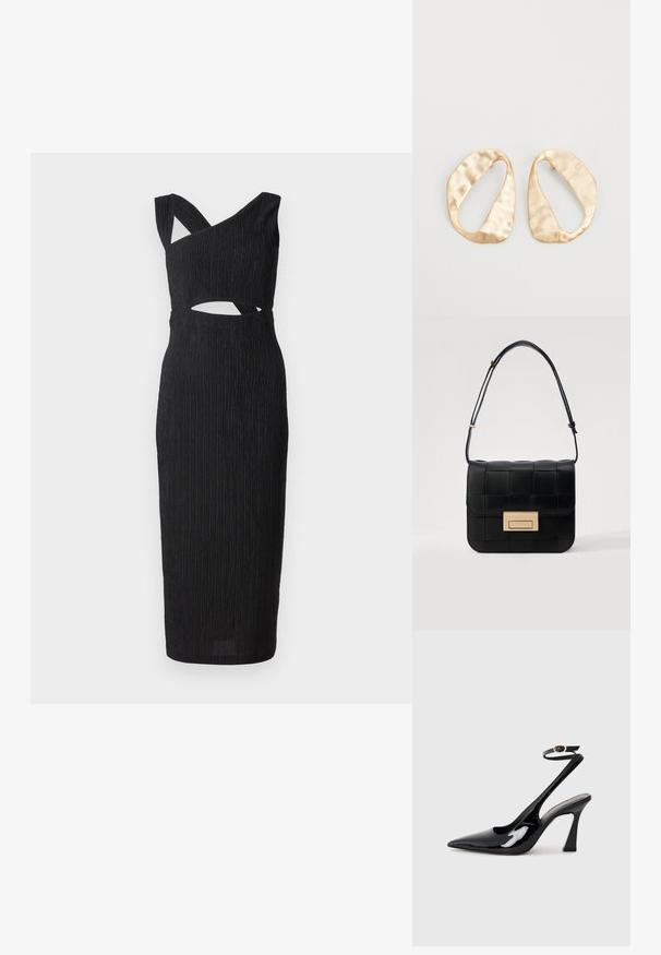 Juodas, raižytas midi suknelė su kryžminiu kūnu, skylių juosmenyje ir storomis petnešomis, pagaminta iš tekstūrinio audinio.; Juodai lakuoti slingback aukšti kulniukai su smailiu nosiu, reguliuojama čiurnos juostele ir vidutinio dydžio blokiniu kulnu. Lygus paviršius su blizgiu apdaila.; Loeffler Randall DESI CROSSBODY WITH LOCK HARDWARE - Rankinė per petį - black; Nedidelis nereguliarus ovalo formos aukso tono metalinių auskarų pora su tekstūruota, šiek tiek kalta paviršiumi ant balto fono.